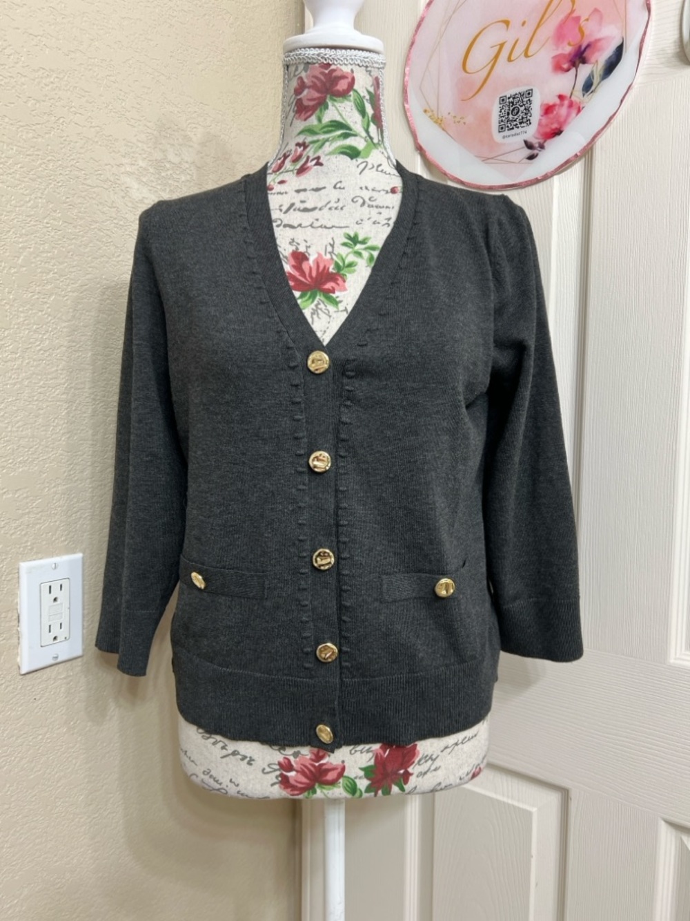 Melissa Paige Dark Charcoal V-Neck Cardigan with Gold Buttons